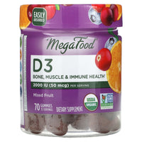 Megafood, D3, Mixed Fruit, 1,000 IU (25 mcg), 70 Gummies UPC 051494104125 | HiLife Vitamins