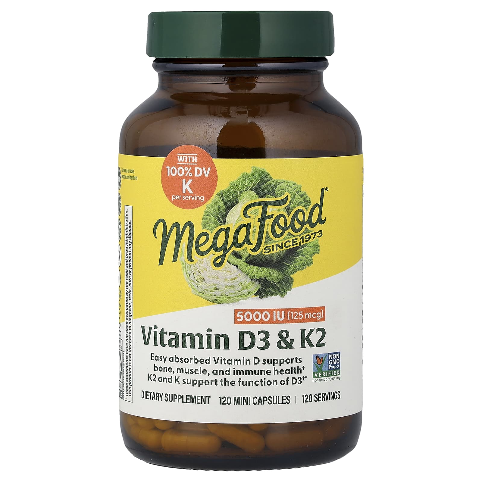 Megafood, Vitamin D3 with K & K2, 5,000 IU (125 mcg), 120 Capsules UPC 051494104415 | HiLife Vitamins