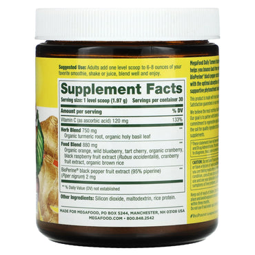 Megafood, Daily Turmeric Nutrient Booster Powder 30 Servings, 2.08 Oz UPC 051494601389 | HiLife Vitamins