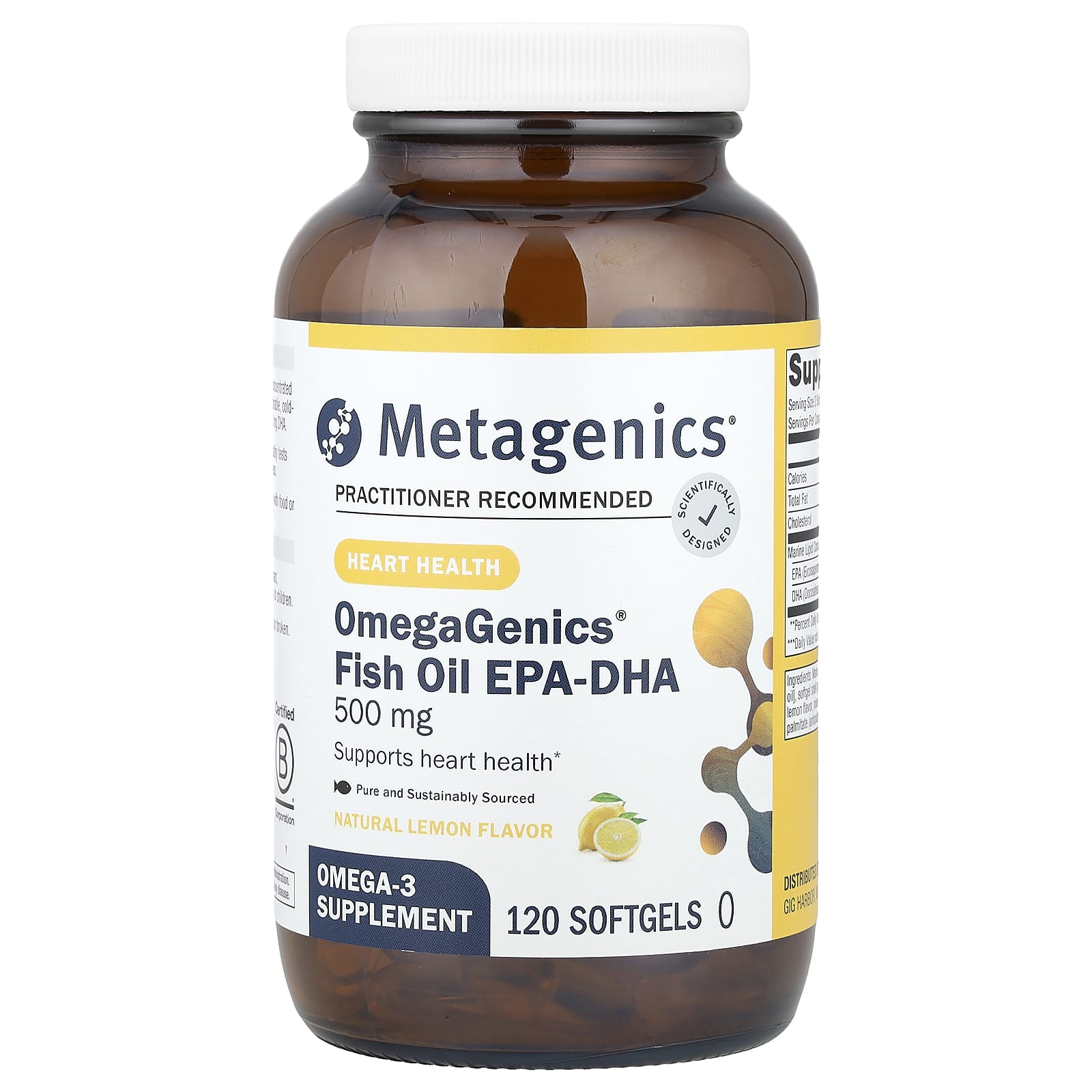 Metagenics, OmegaGenics®, Fish Oil EPA-DHA, Natural Lemon, 500 mg, 120 Softgels UPC 755571913555 | Hilife Vitamins