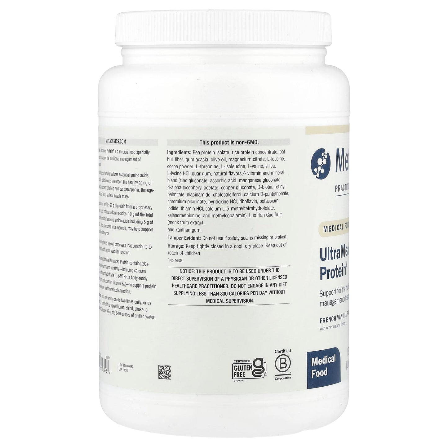 Metagenics, UltraMeal Advanced Protein, Medical Food, French Vanilla, 1 lb 4.74 oz (588 g) UPC 755571939586 | HiLife Vitamins