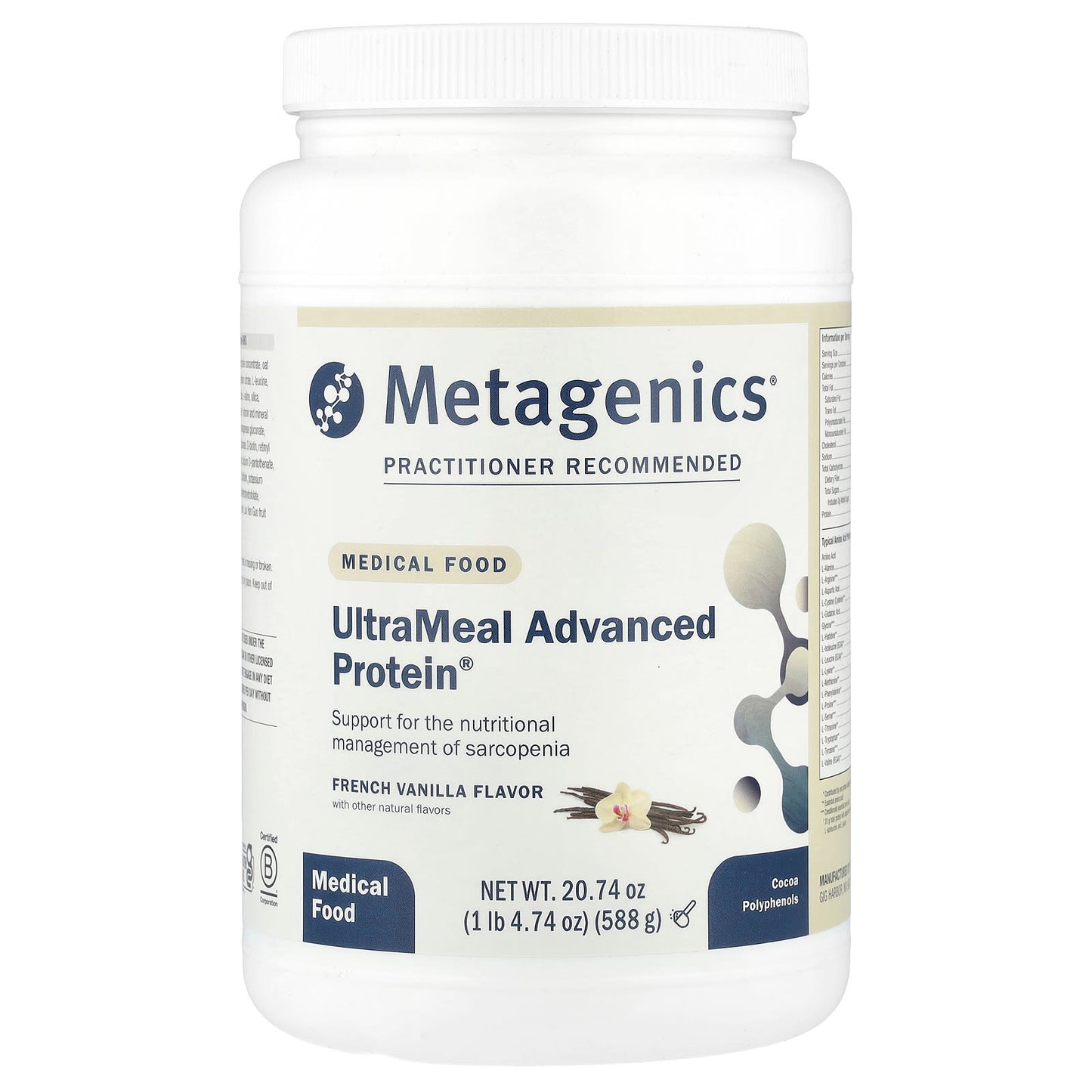 Metagenics, UltraMeal Advanced Protein, Medical Food, French Vanilla, 1 lb 4.74 oz (588 g) UPC 755571939586 | HiLife Vitamins