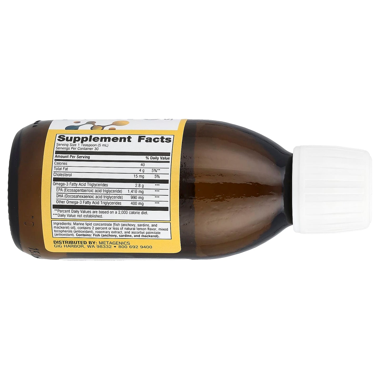 Metagenics, OmegaGenics®, Fish Oil EPA-DHA Liquid, Natural Lemon, 5 fl oz (150 ml) UPC 755571943620 | HiLife Vitamins
