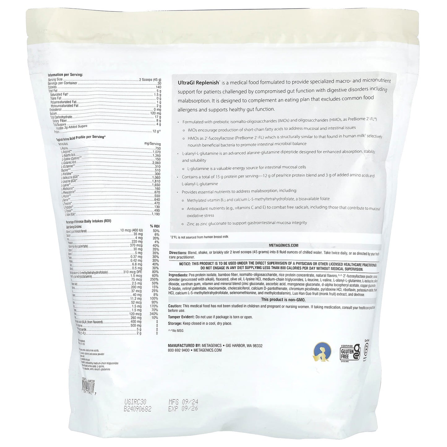 Metagenics, UltraGI Replenish, Chocolate Flavor, 47.62 oz (1,350 g) UPC 755571947277 | HiLife Vitamins