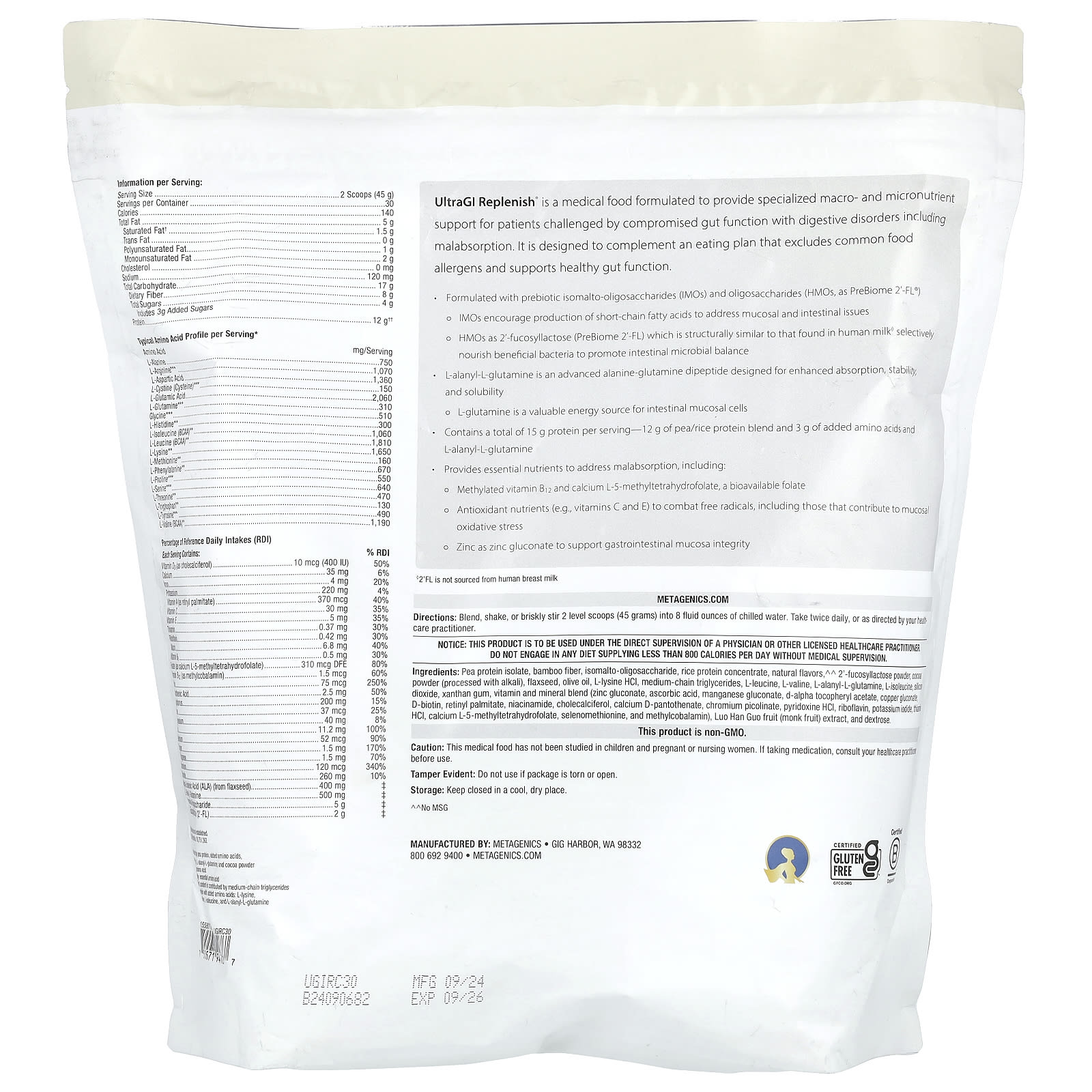 Metagenics, UltraGI Replenish, Chocolate Flavor, 47.62 oz (1,350 g) UPC 755571947277 | HiLife Vitamins