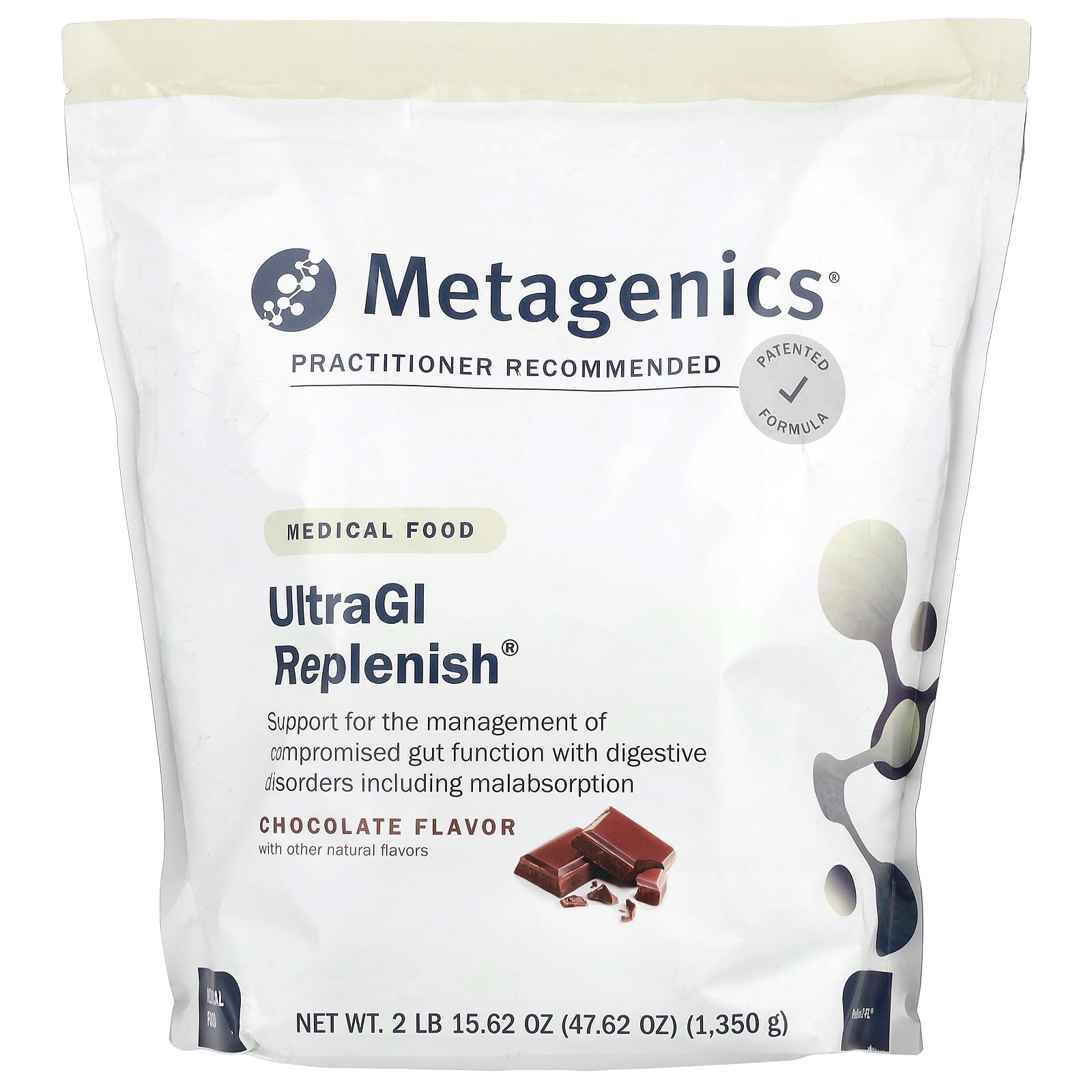 Metagenics, UltraGI Replenish, Chocolate Flavor, 47.62 oz (1,350 g) UPC 755571947277 | HiLife Vitamins