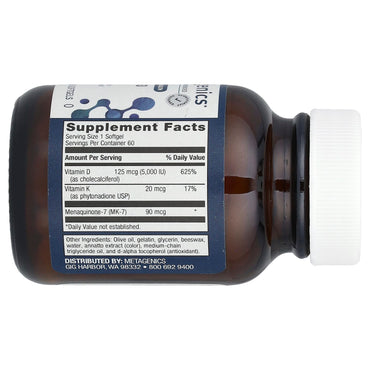 Metagenics, D3 5,000 + K, 60 Softgels UPC 755571950062 | HiLife Vitamins