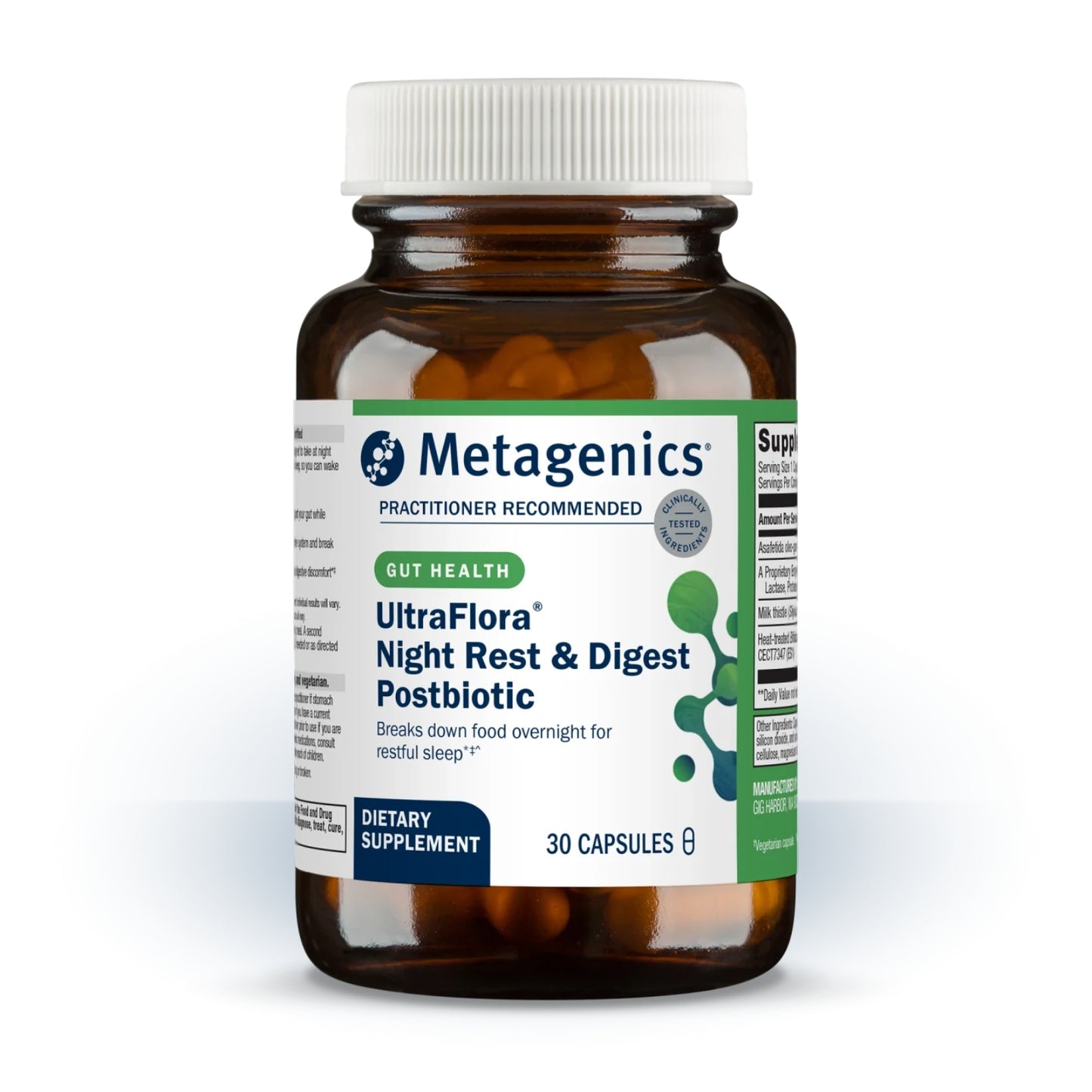 Metagenics, UltraFlora® Night Rest & Digest Postbiotic, 30 Capsules UPC 755571962041 | Hilife Vitamins