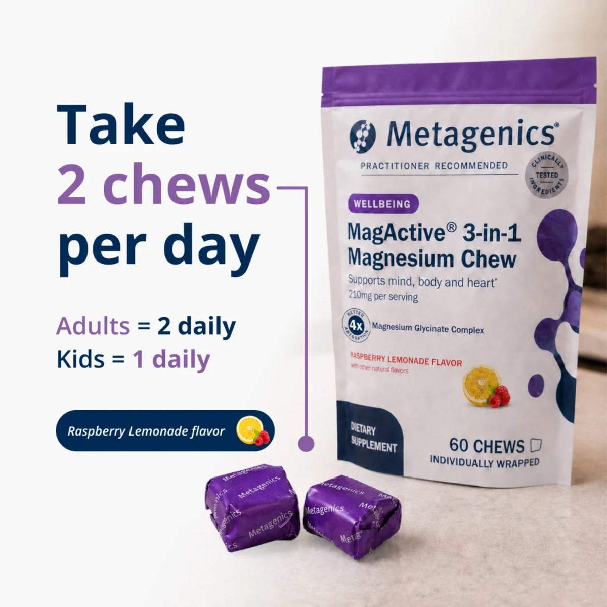 Metagenics, MagActive® 3-in-1 Magnesium Chew, 
Raspberry Lemonade Flavor, 60 Soft Chews UPC 755571962089 | Hilife Vitamins