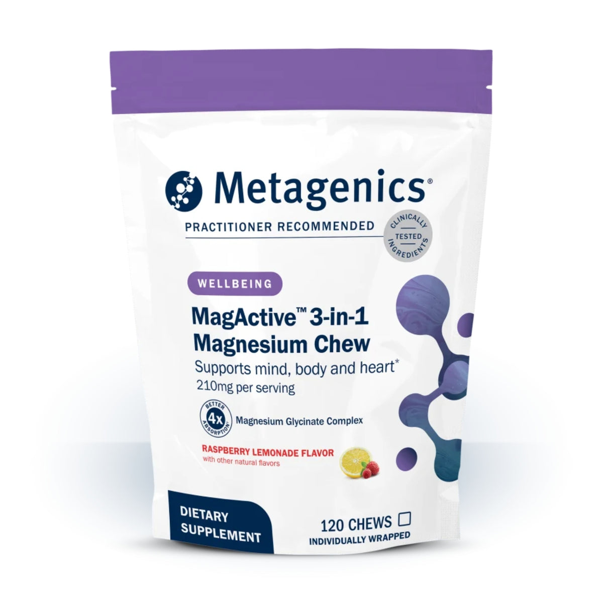 Metagenics, MagActive® 3-in-1 Magnesium Chew, Raspberry Lemonade Flavor, 120 Soft Chews UPC 755571962096 | Hilife Vitamins