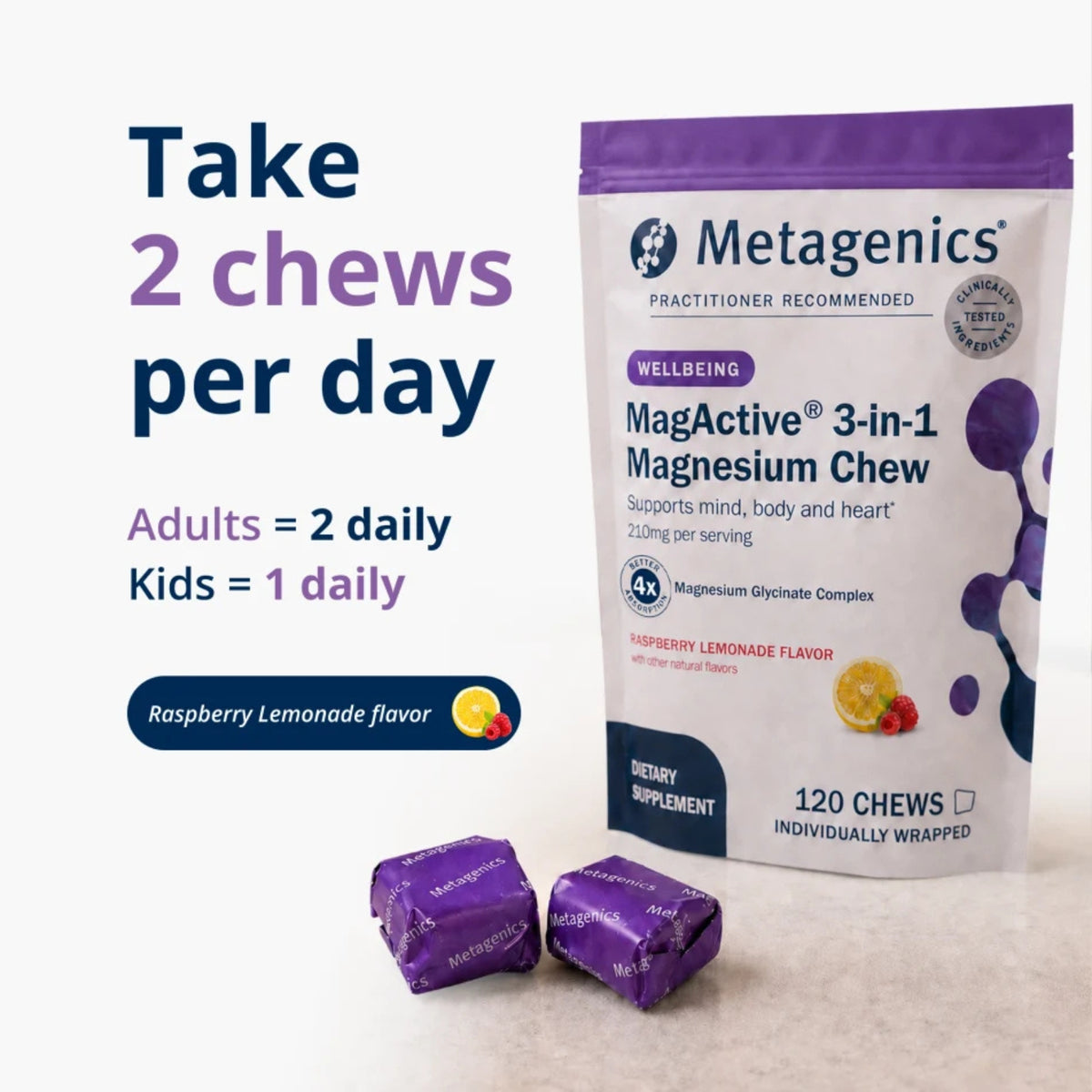 Metagenics, MagActive® 3-in-1 Magnesium Chew, Raspberry Lemonade Flavor, 120 Soft Chews UPC 755571962096 | Hilife Vitamins