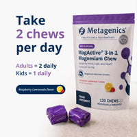 Metagenics, MagActive® 3-in-1 Magnesium Chew, Raspberry Lemonade Flavor, 120 Soft Chews UPC 755571962096 | Hilife Vitamins