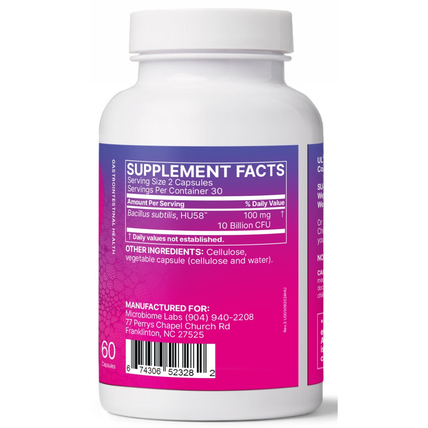 Microbiome Labs, HU58, Ultra Strength Bacillus Subtilis, 60 Capsules UPC 674306523282 | HiLife Vitamins