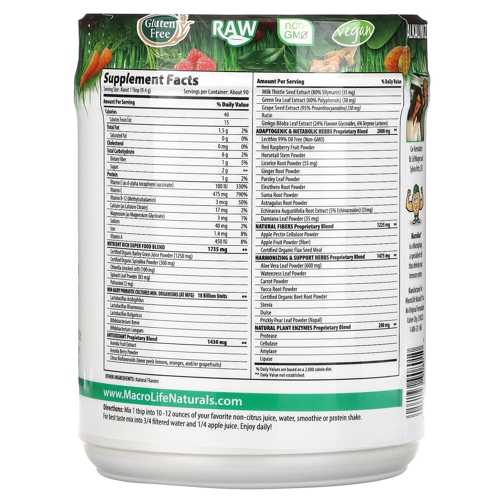 Miracle, Macro Greens Kilo (90 Servings), 30 Oz UPC 054139908010 | Hilife Vitamins