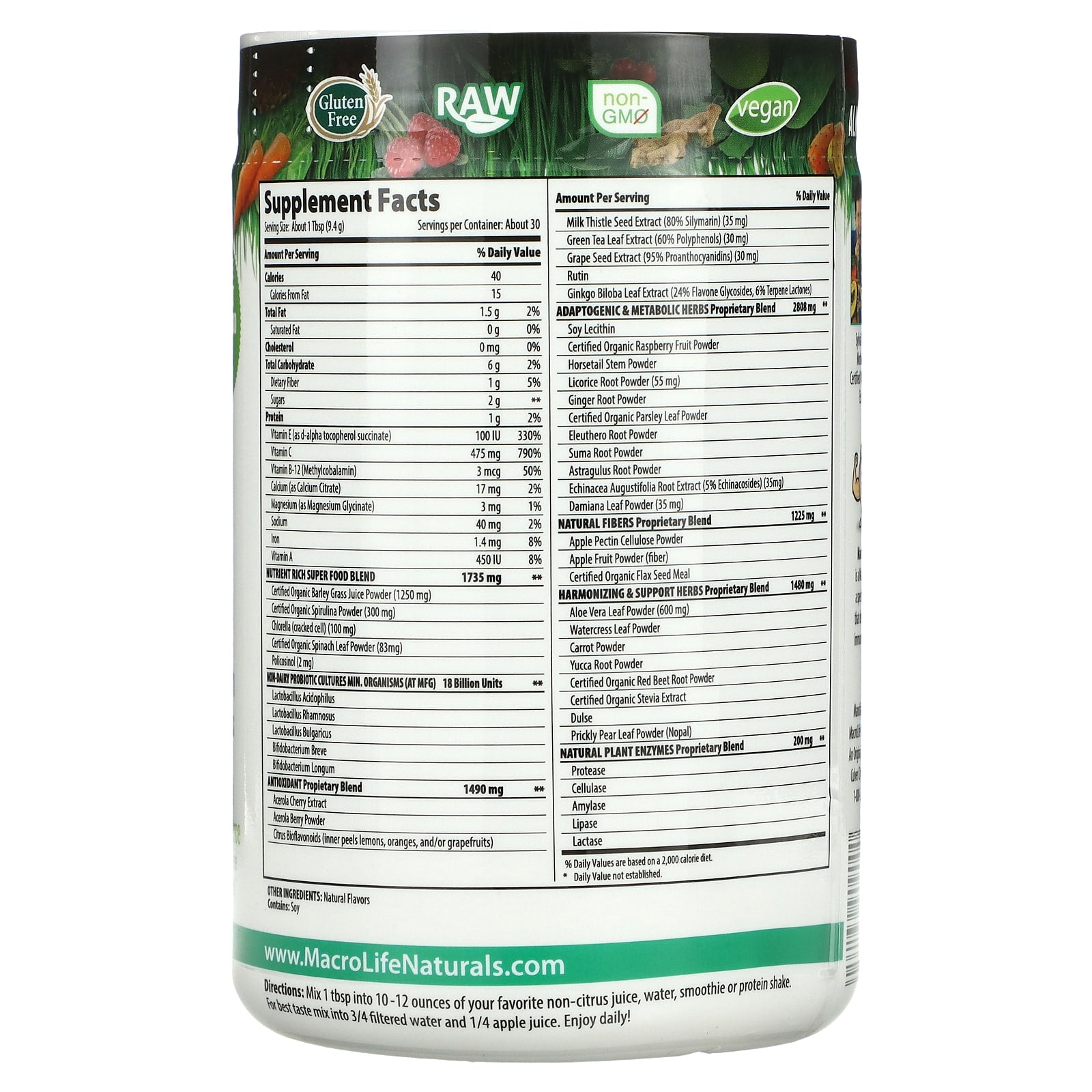 Miracle, Macro Greens (30 Servings), 10 Oz UPC 054139909000 | Hilife Vitamins