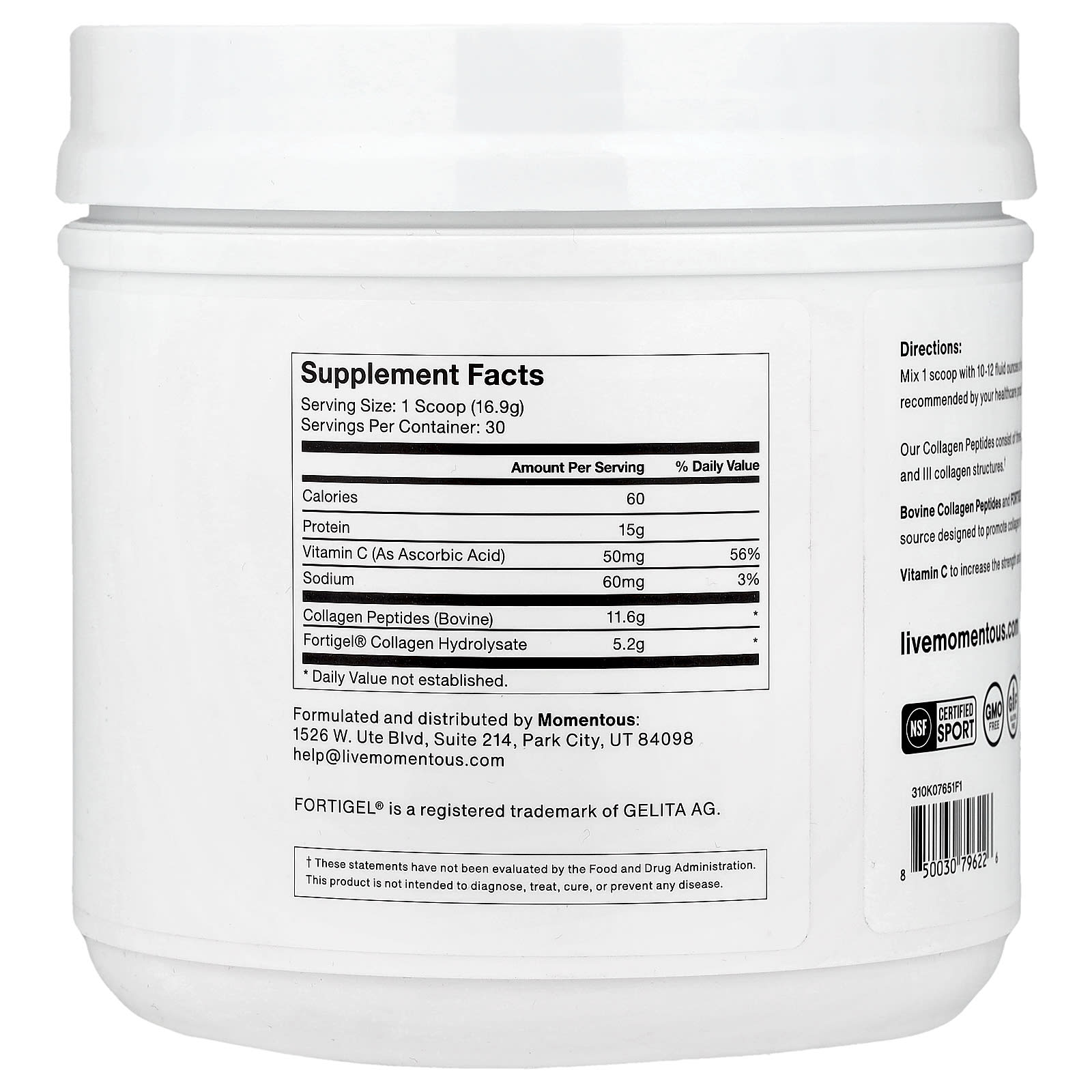 Momentous, Collagen Peptides, 1.12lb (507g) UPC 850030796226 | Hilife Vitamins