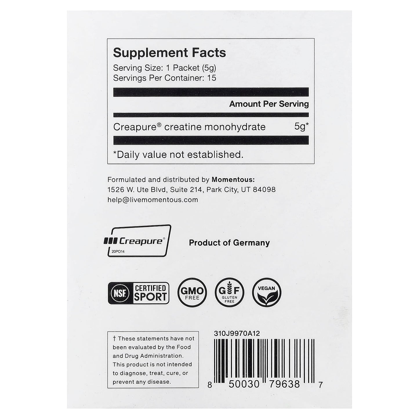 Momentous, Creatine, 15 Packets, 0.18 oz (5 g) Each UPC 850030796387 | Hilife Vitamins