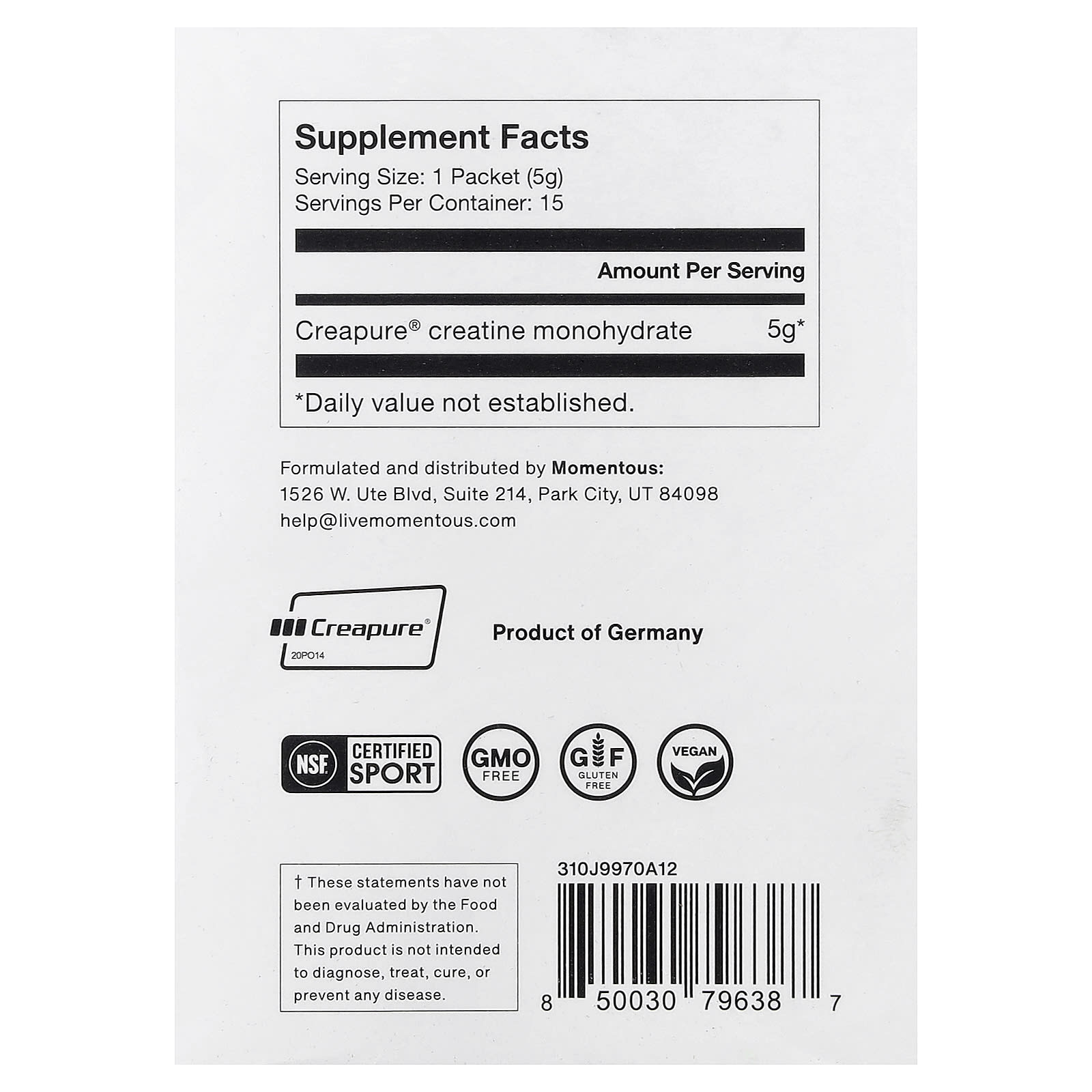 Momentous, Creatine, 15 Packets, 0.18 oz (5 g) Each UPC 850030796387 | Hilife Vitamins