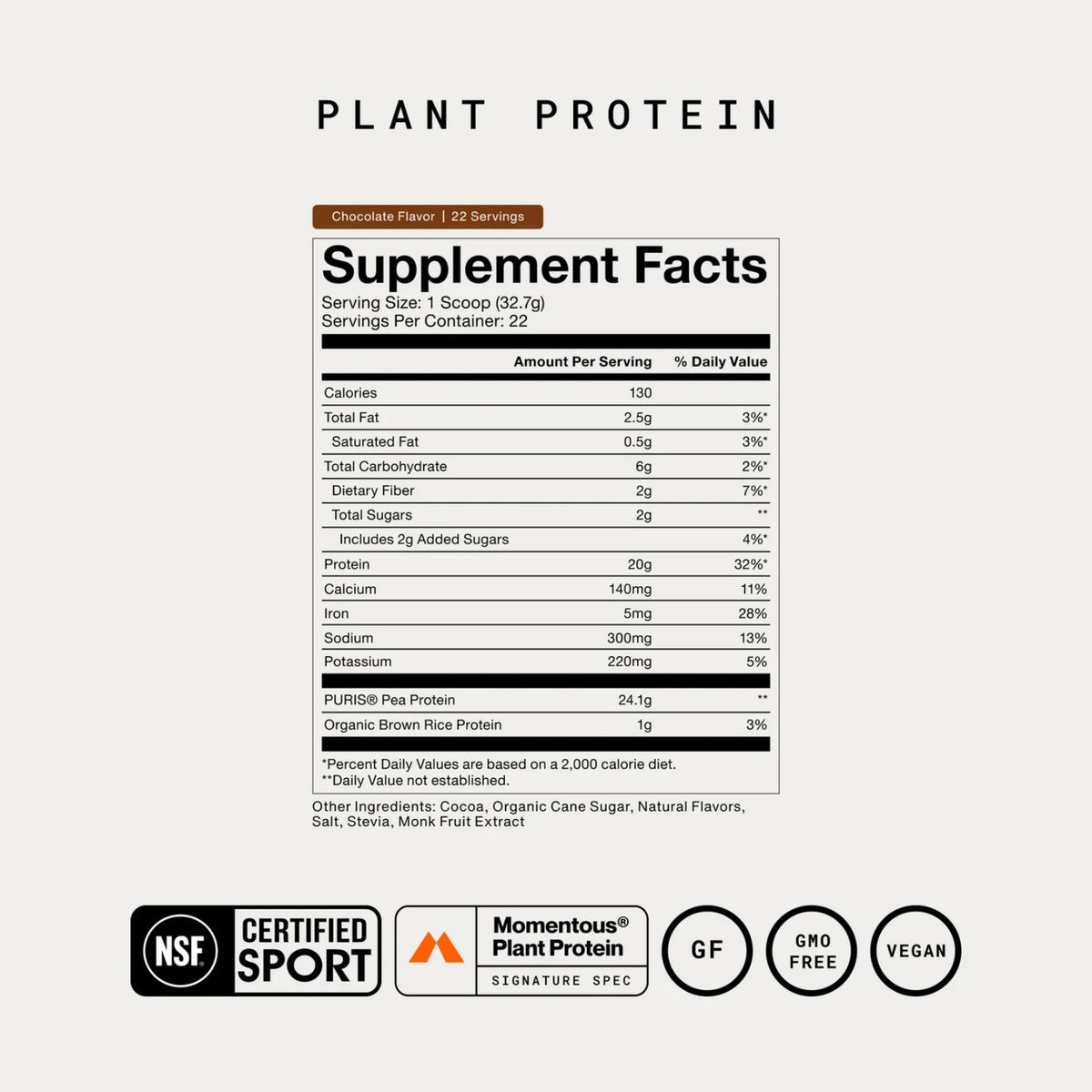 Momentous, 100% Plant Protein, Chocolate, 1.6lb (719 g) UPC 850030796509 | Hilife Vitamins