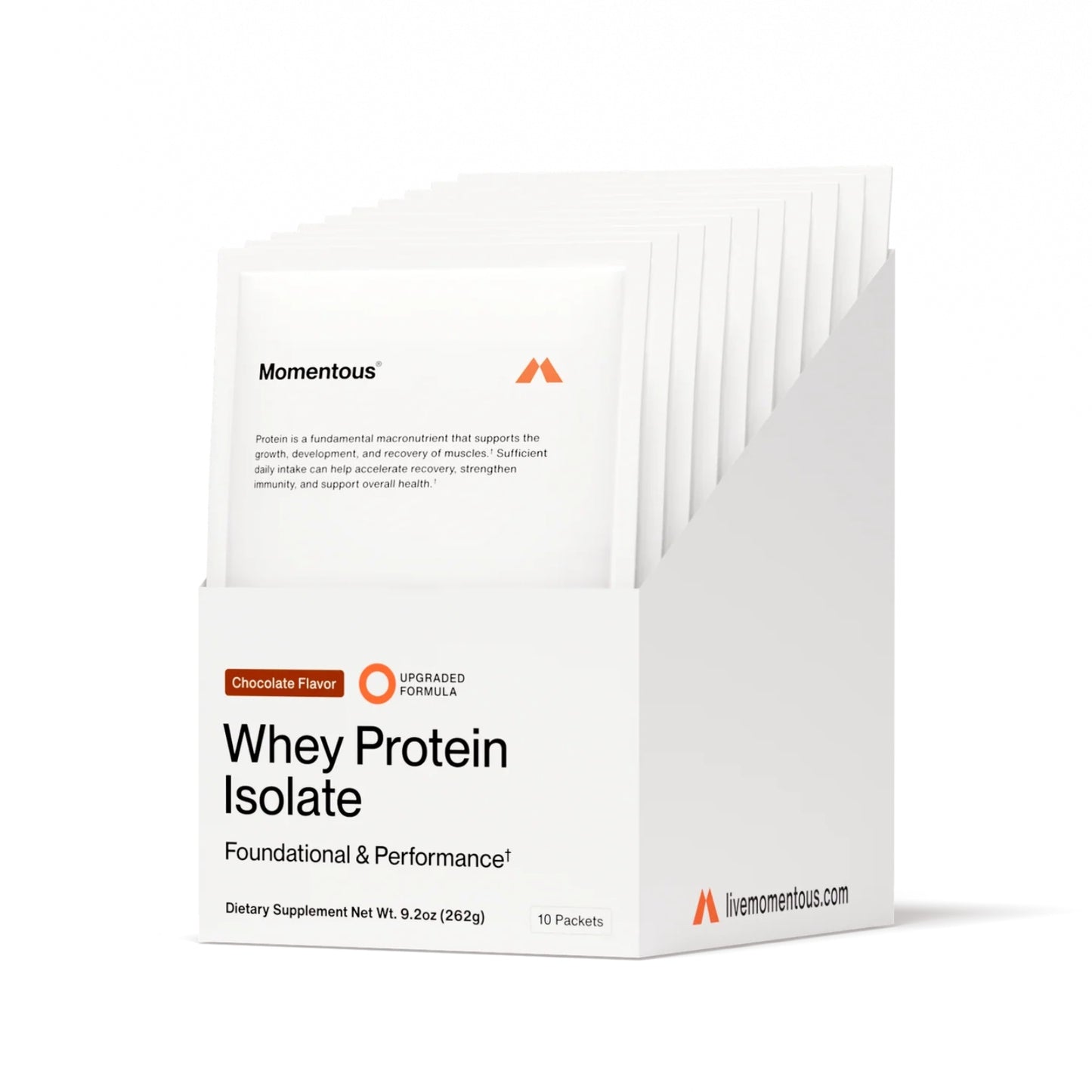 Momentous, Whey Protein Isolate, Chocolate Flavor, 10 Packets, 26.2g Each UPC 850030796653 | Hilife Vitamins