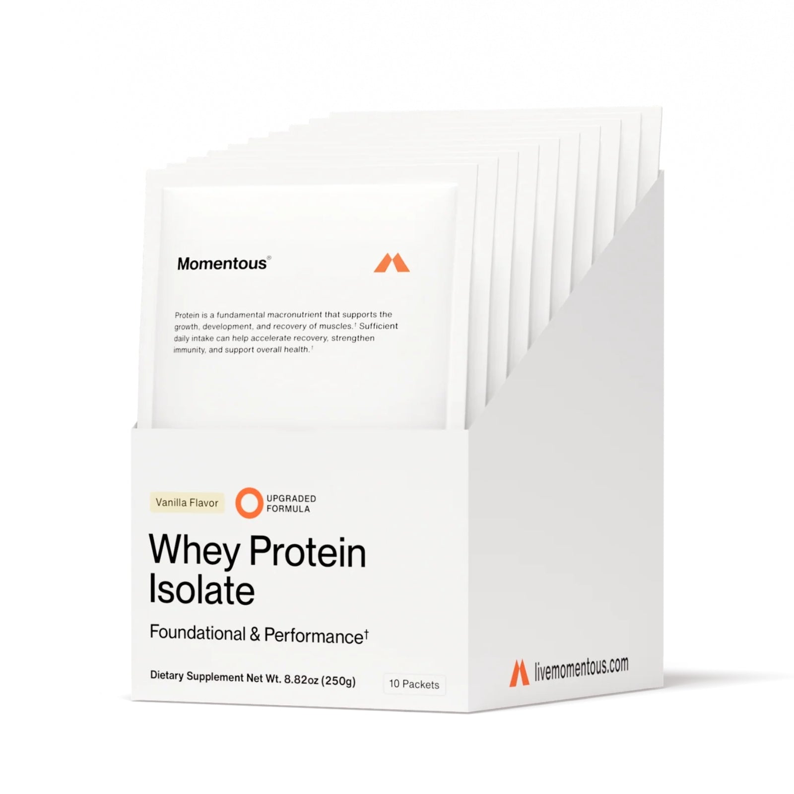 Momentous, Whey Protein Isolate, Vanilla Flavor, 10 Packets, 25g Each UPC 850030796660 | Hilife Vitamins
