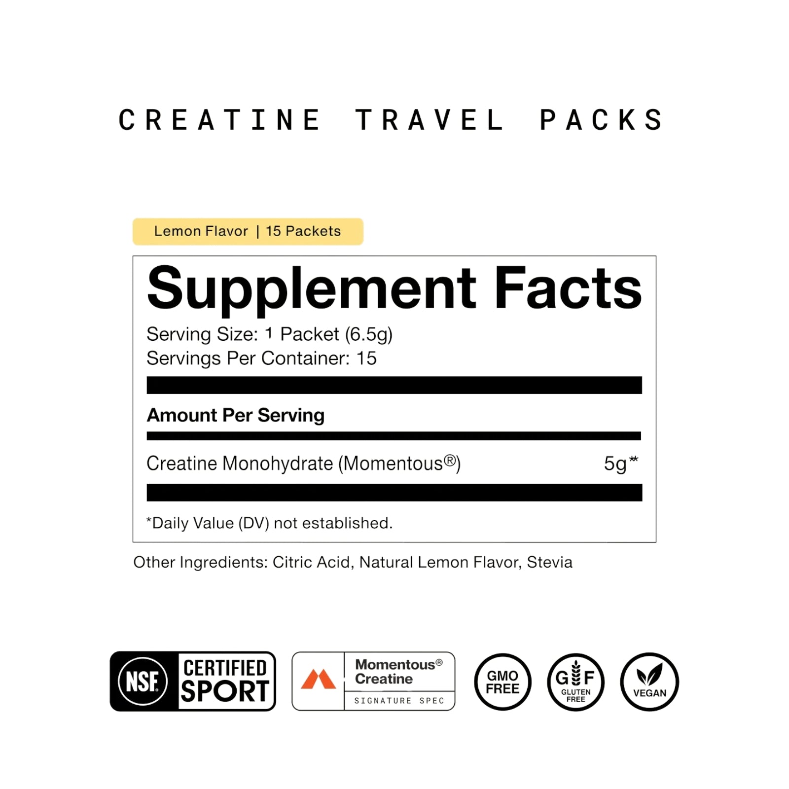Momentous, Creatine, Lemon Flavor, 15 Packets, 0.22 oz (6.5 g) Each UPC 850030796899 | Hilife Vitamins
