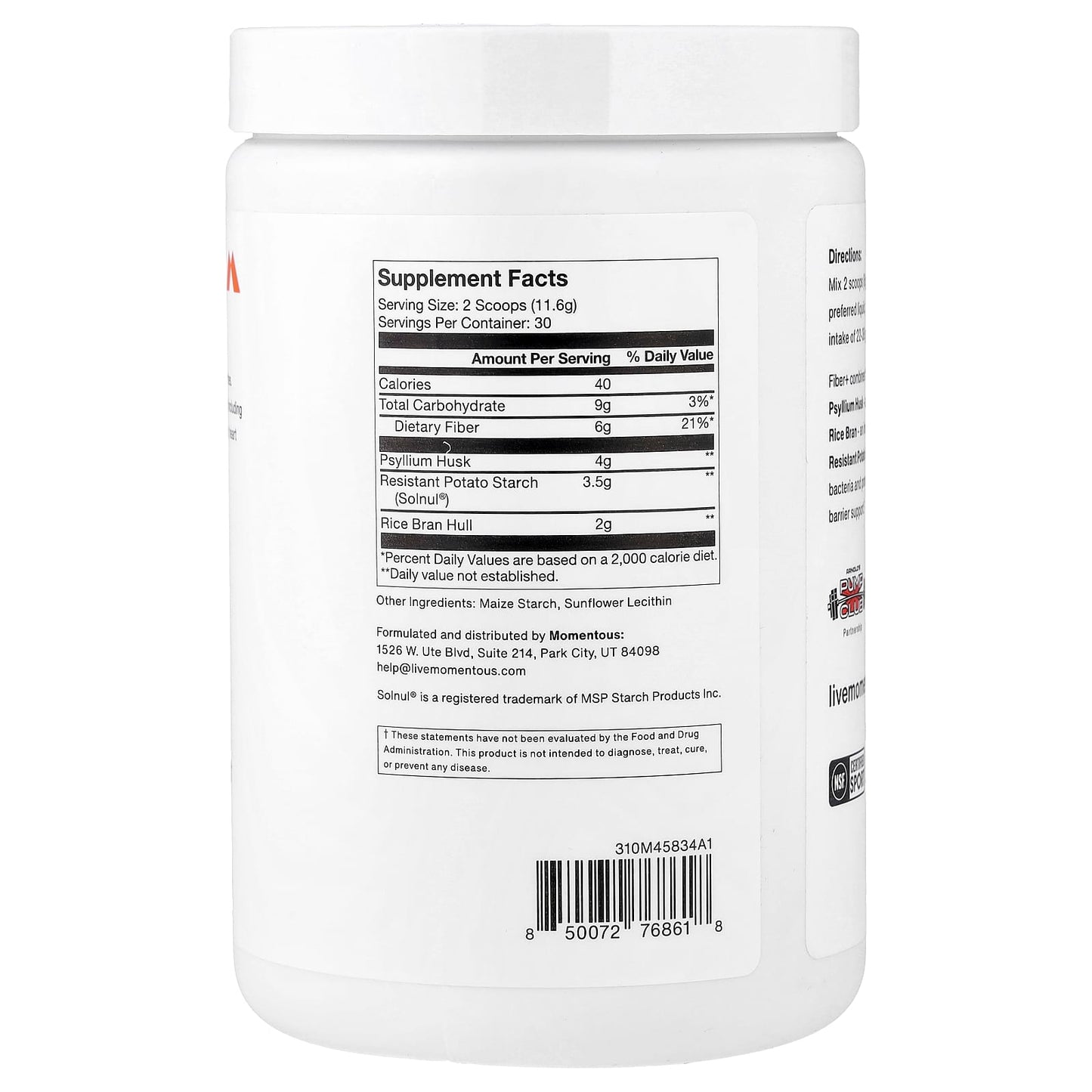 Momentous, Fiber+, Unflavored, 10.2oz (288g) UPC 850072768618 | Hilife Vitamins