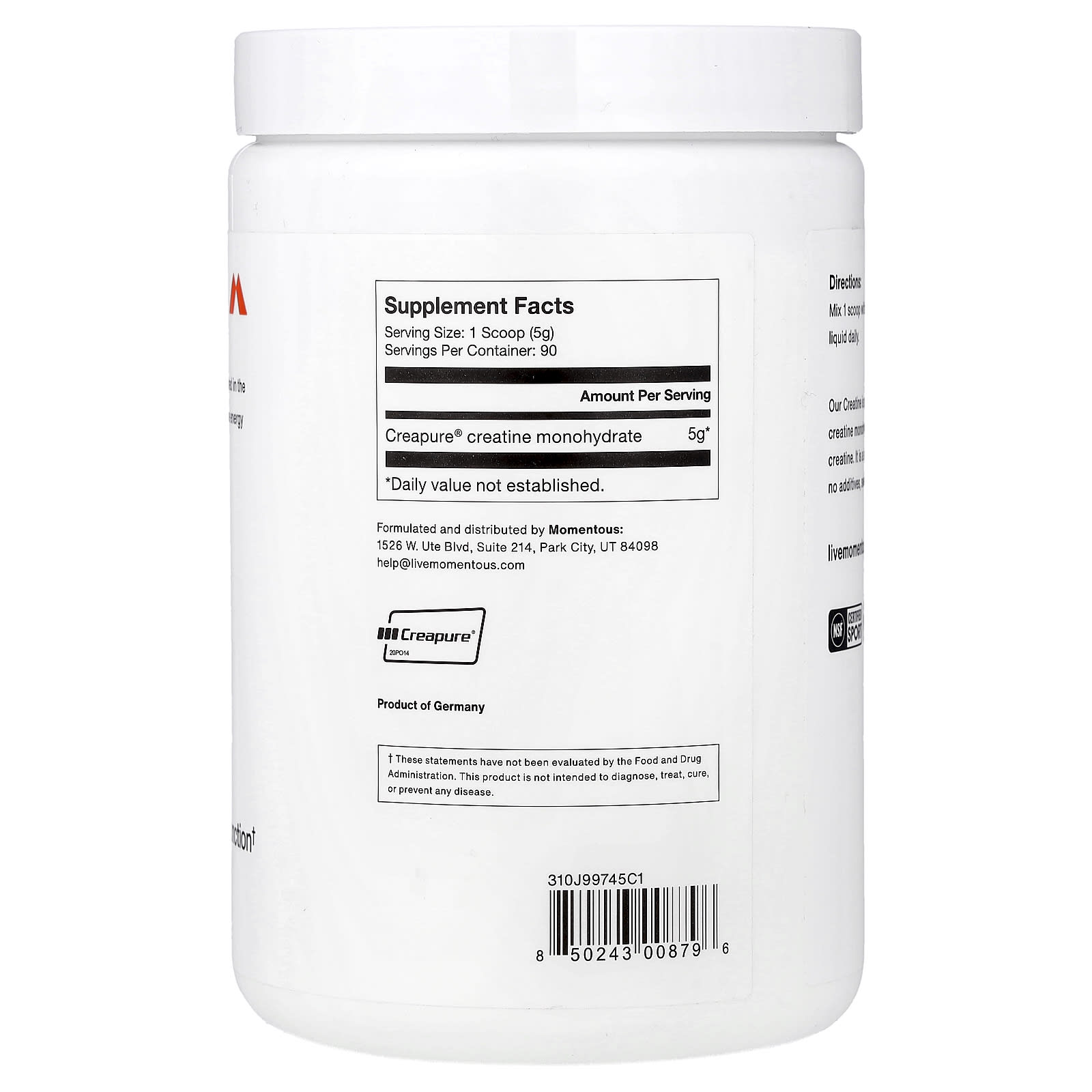 Momentous, Creatine, 15.8oz (450g) UPC 850243008796 | Hilife Vitamins