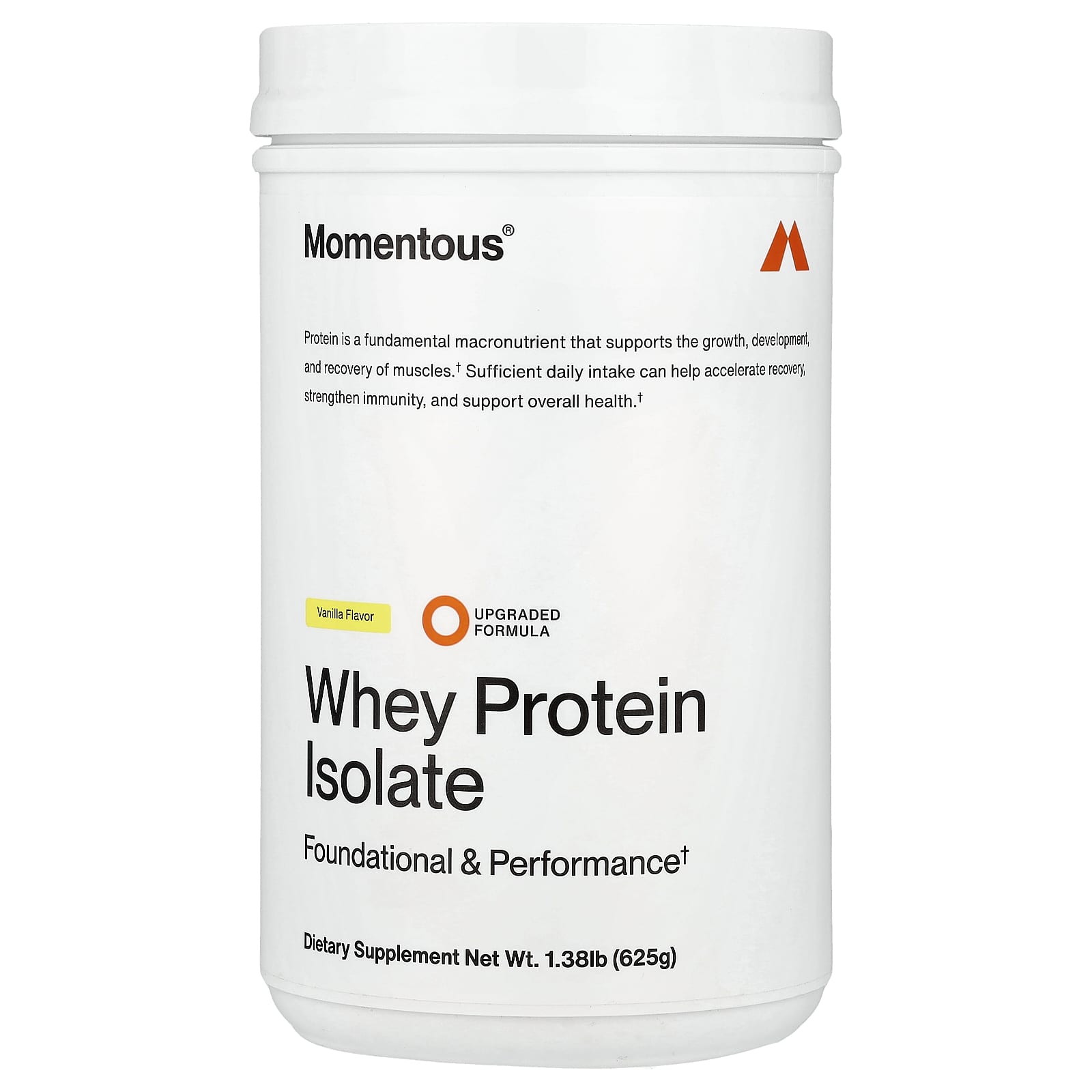 Momentous, Whey Protein Isolate, Vanilla Flavor, 1.38lb (625g) UPC 850243008932 | Hilife Vitamins