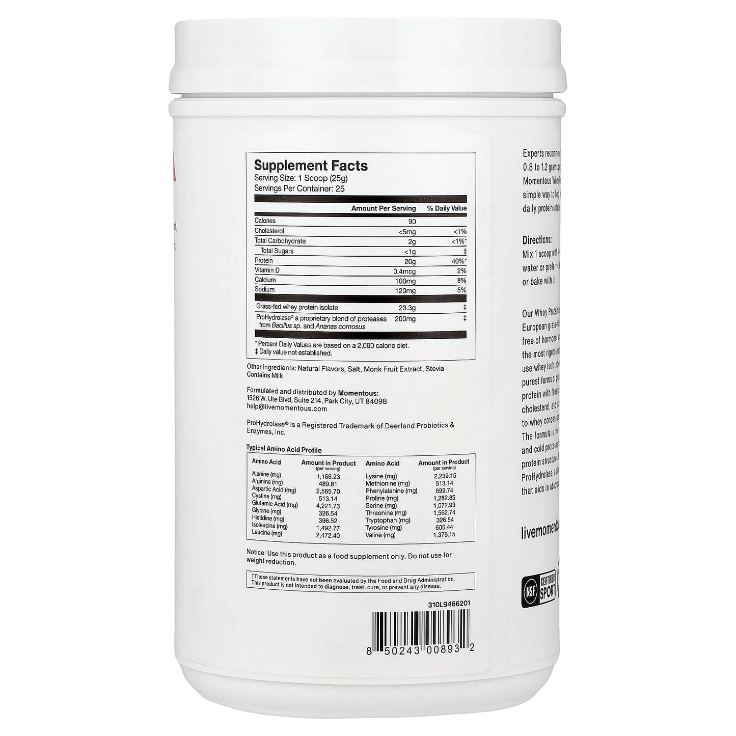 Momentous, Whey Protein Isolate, Vanilla Flavor, 1.38lb (625g) UPC 850243008932 | Hilife Vitamins