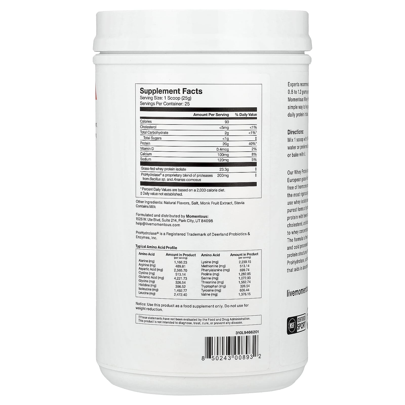 Momentous, Whey Protein Isolate, Vanilla Flavor, 1.38lb (625g) UPC 850243008932 | Hilife Vitamins