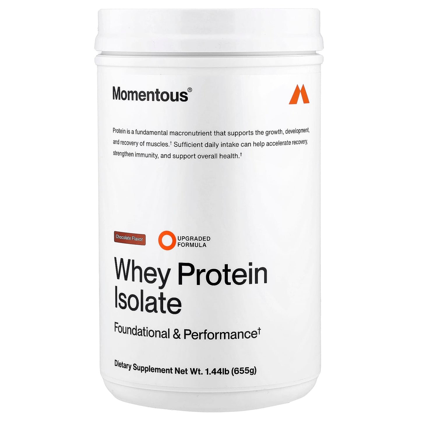 Momentous, Whey Protein Isolate, Chocolate Flavor, 1.44lb (655g) UPC 850243008949 | Hilife Vitamins