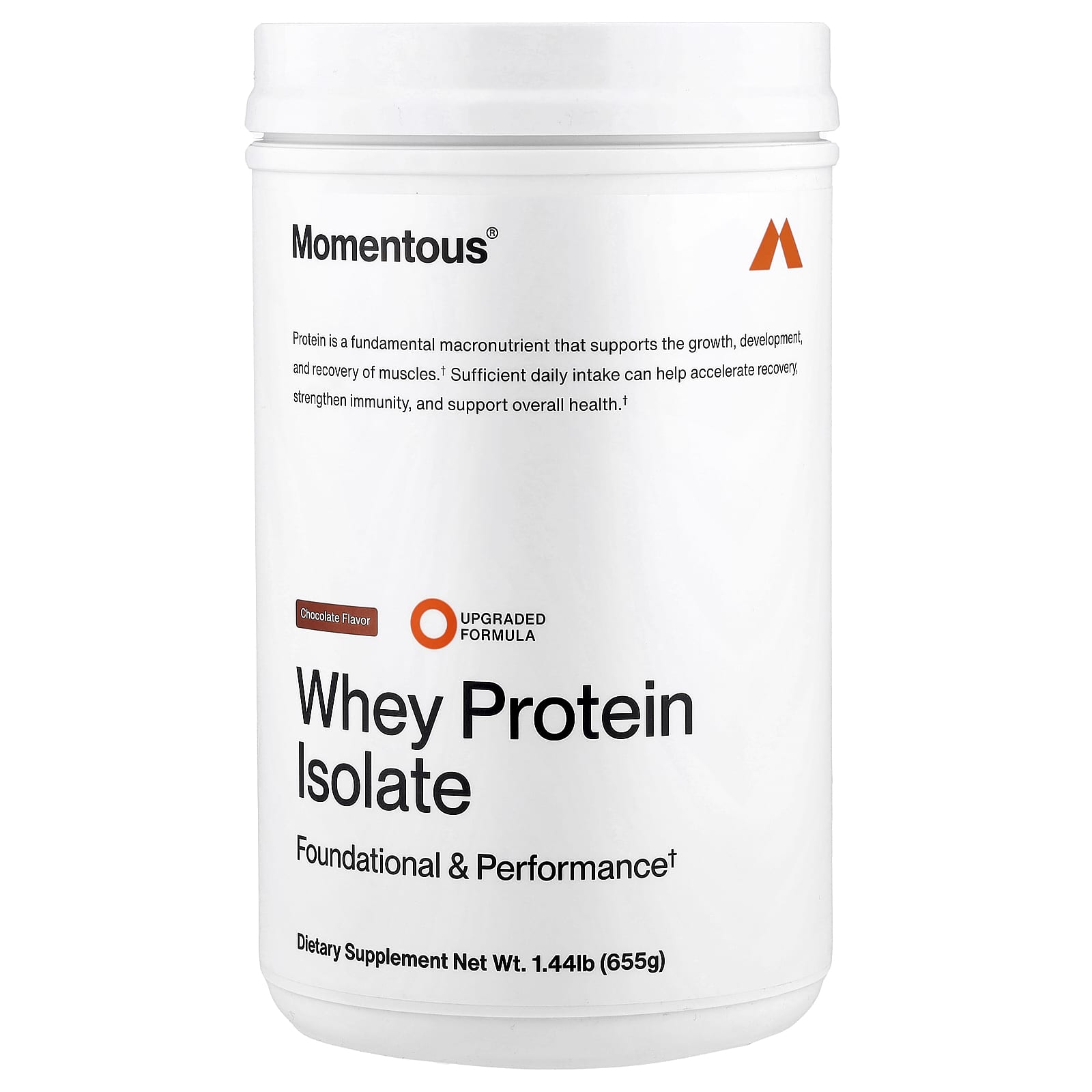 Momentous, Whey Protein Isolate, Chocolate Flavor, 1.44lb (655g) UPC 850243008949 | Hilife Vitamins
