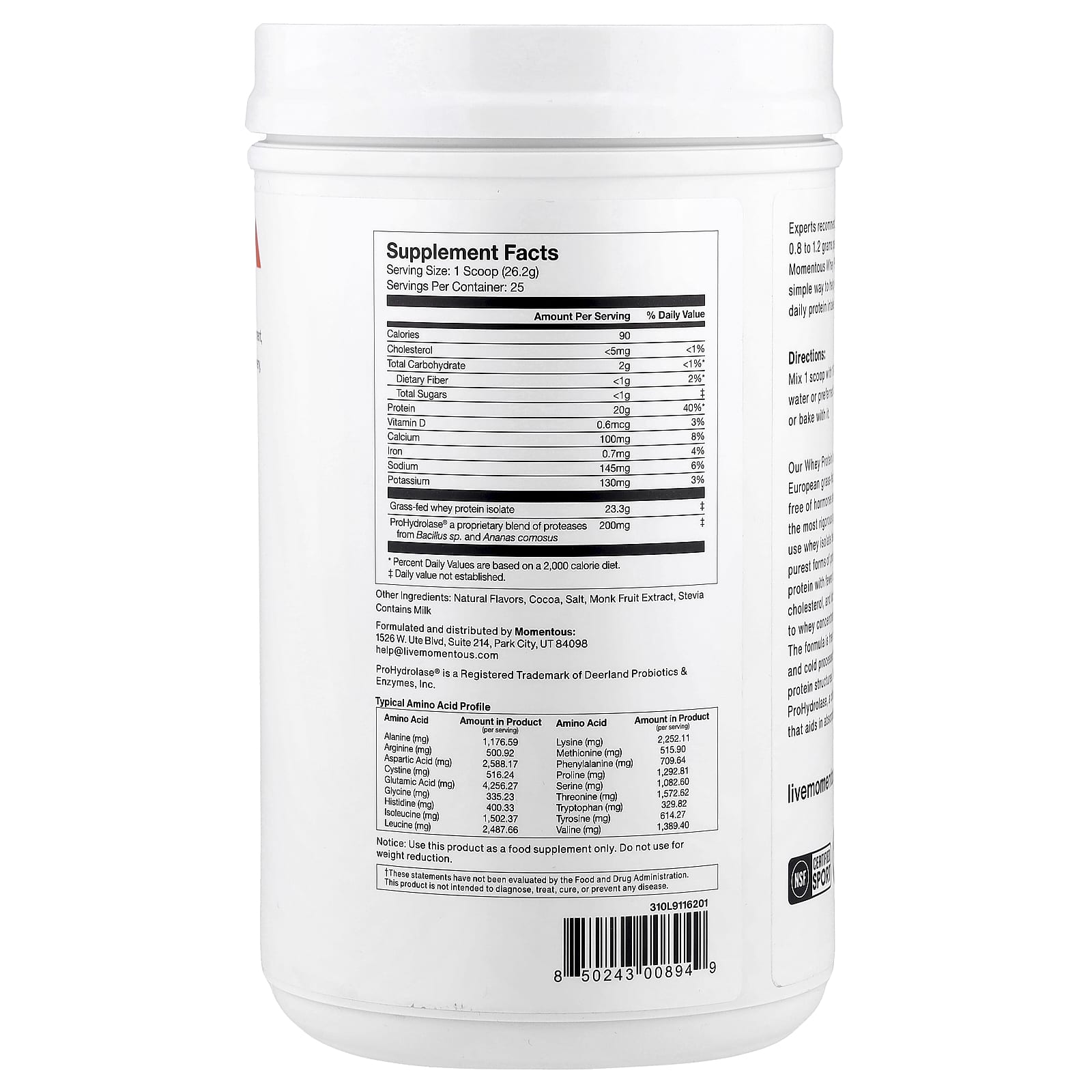 Momentous, Whey Protein Isolate, Chocolate Flavor, 1.44lb (655g) UPC 850243008949 | Hilife Vitamins