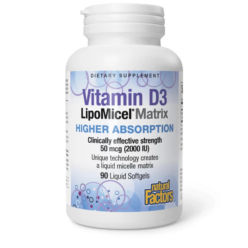 Natural Factors, Vitamin D3 LipoMicel Matrix, 90 Liquid Softgels UPC 068958034430 | Hilife Vitamins