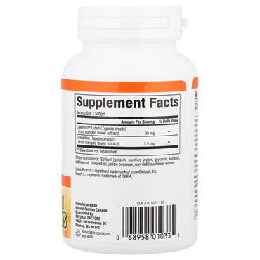 Natural Factors, Lutein, 20 mg, 120 Softgels UPC 068958010335 | Hilife Vitamins