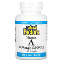 Natural Factors, Vitamin A, 3000 mcg (10,000 IU), 180 Softgels UPC 068958010410 | Hilife Vitamins