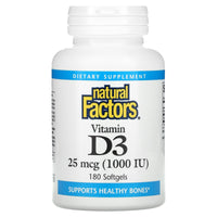 Natural Factors, Vitamin D3, 25 mcg (1,000 IU), 180 Softgels UPC 068958010540 | Hilife Vitamins