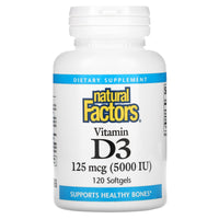 Natural Factors, Vitamin D3, 125 mcg (5,000 IU), 120 Softgels UPC 068958010564 | Hilife Vitamins