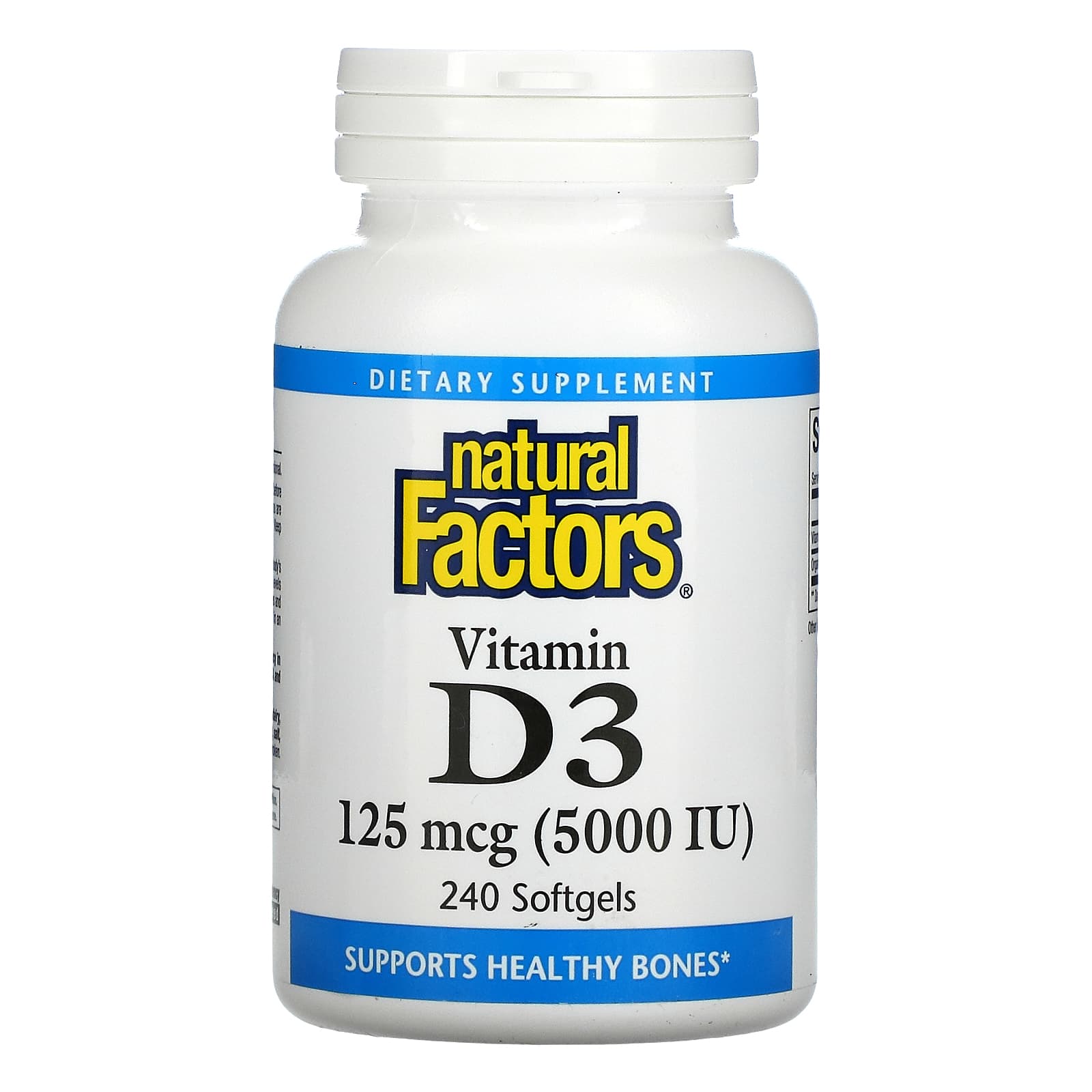 Natural Factors, Vitamin D3, 125 mcg (5,000 IU), 240 Softgels UPC 068958010618 | Hilife Vitamins
