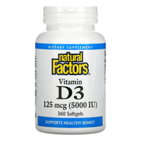 Natural Factors, Vitamin D3, 125 mcg (5,000 IU), 360 Softgels UPC 068958010625 | Hilife Vitamins