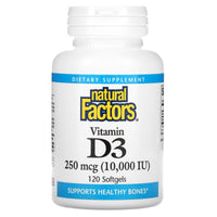 Natural Factors, Vitamin D3, 250 mcg (10,000 IU), 120 Softgels UPC 068958010649 | Hilife Vitamins
