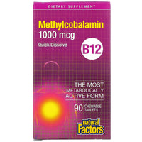 Natural Factors, B12, Methylcobalamin, 1,000 mcg, 90 Chewables UPC 068958012421 | Hilife Vitamins