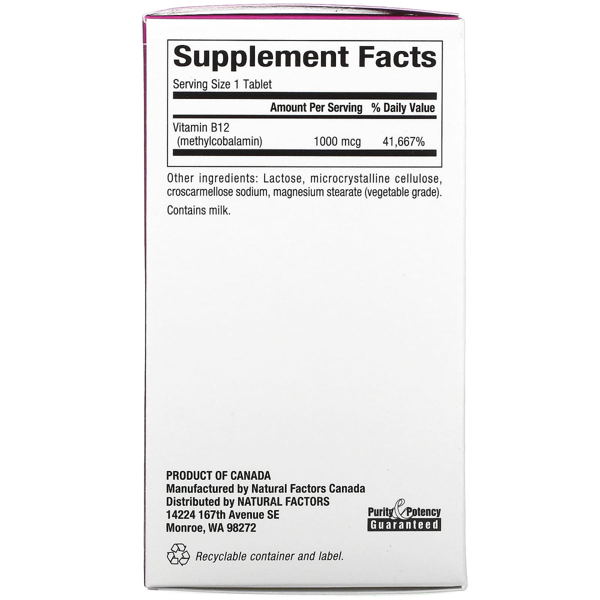Natural Factors, B12, Methylcobalamin, 1,000 mcg, 90 Chewables UPC 068958012421 | Hilife Vitamins