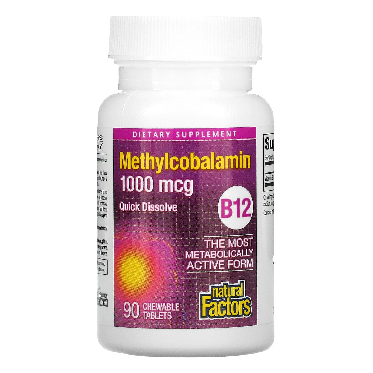 Natural Factors, B12, Methylcobalamin, 1,000 mcg, 90 Chewables UPC 068958012421 | Hilife Vitamins