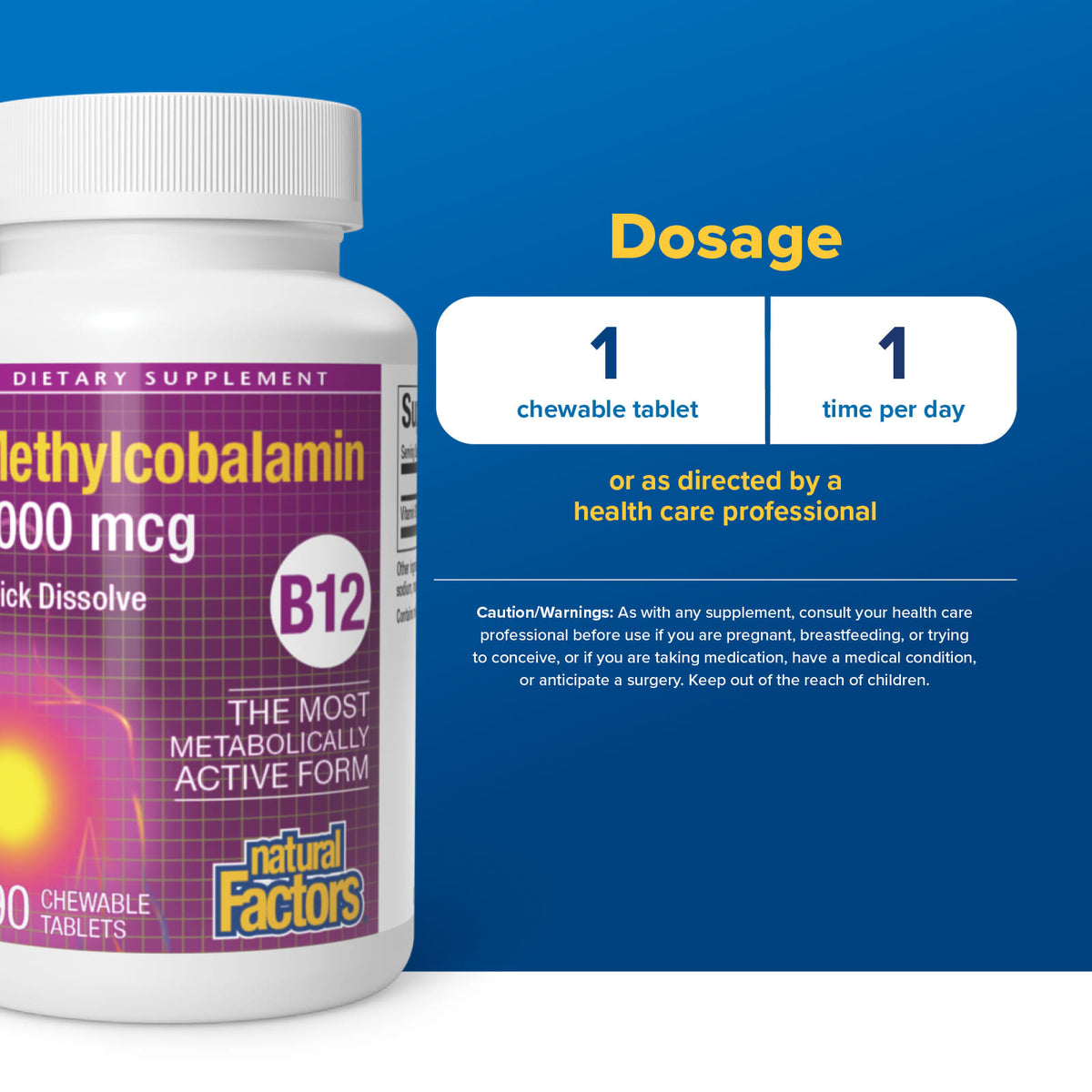 Natural Factors, B12, Methylcobalamin, 1,000 mcg, 90 Chewables UPC 068958012421 | Hilife Vitamins