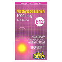 Natural Factors, B12, Methylcobalamin, 1,000 mcg, 180 Chewable Tablets UPC 068958012438 | Hilife Vitamins
