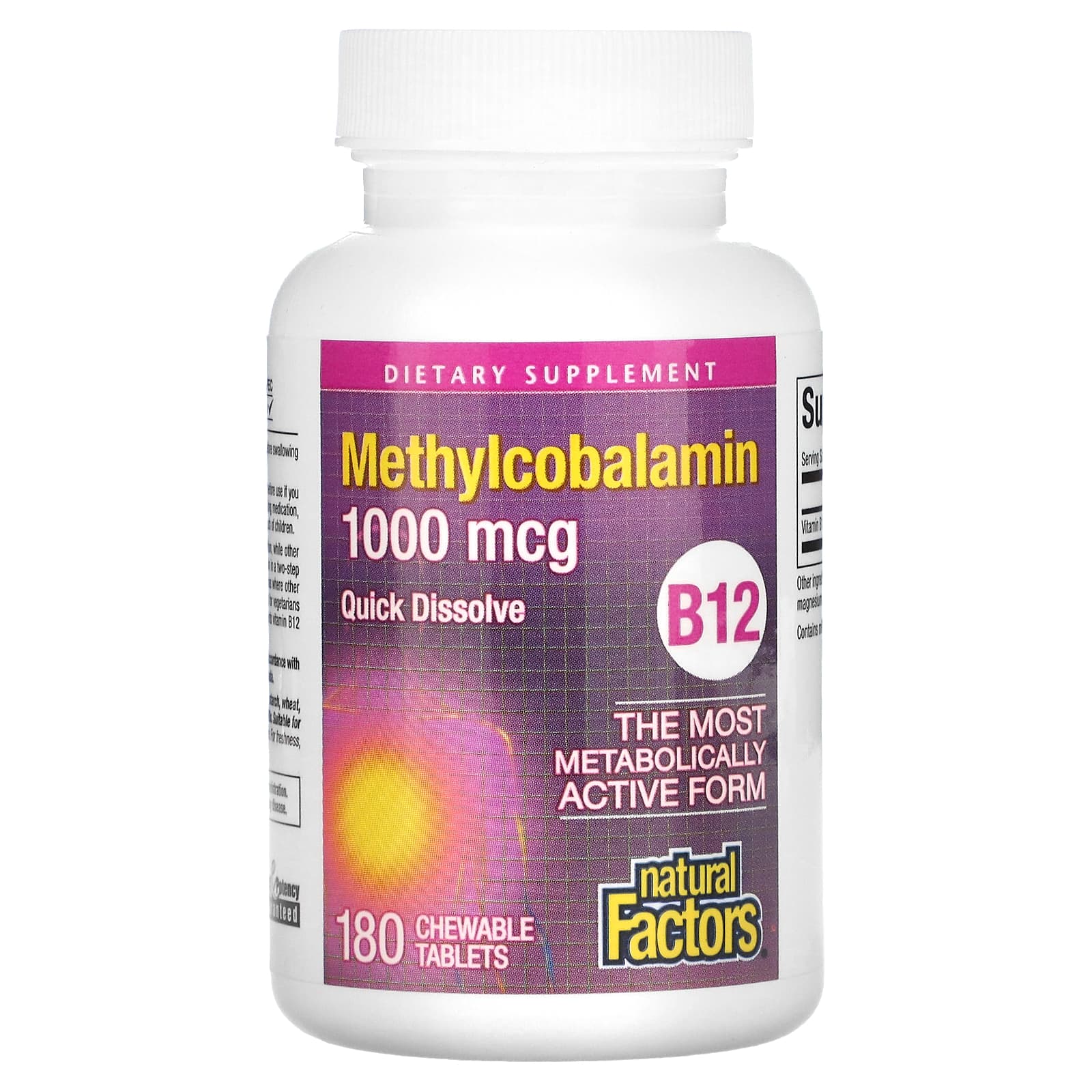 Natural Factors, B12, Methylcobalamin, 1,000 mcg, 180 Chewable Tablets UPC 068958012438 | Hilife Vitamins