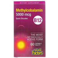 Natural Factors, B12, Methylcobalamin, 5,000 mcg, 60 Chewables UPC 068958012476 | Hilife Vitamins