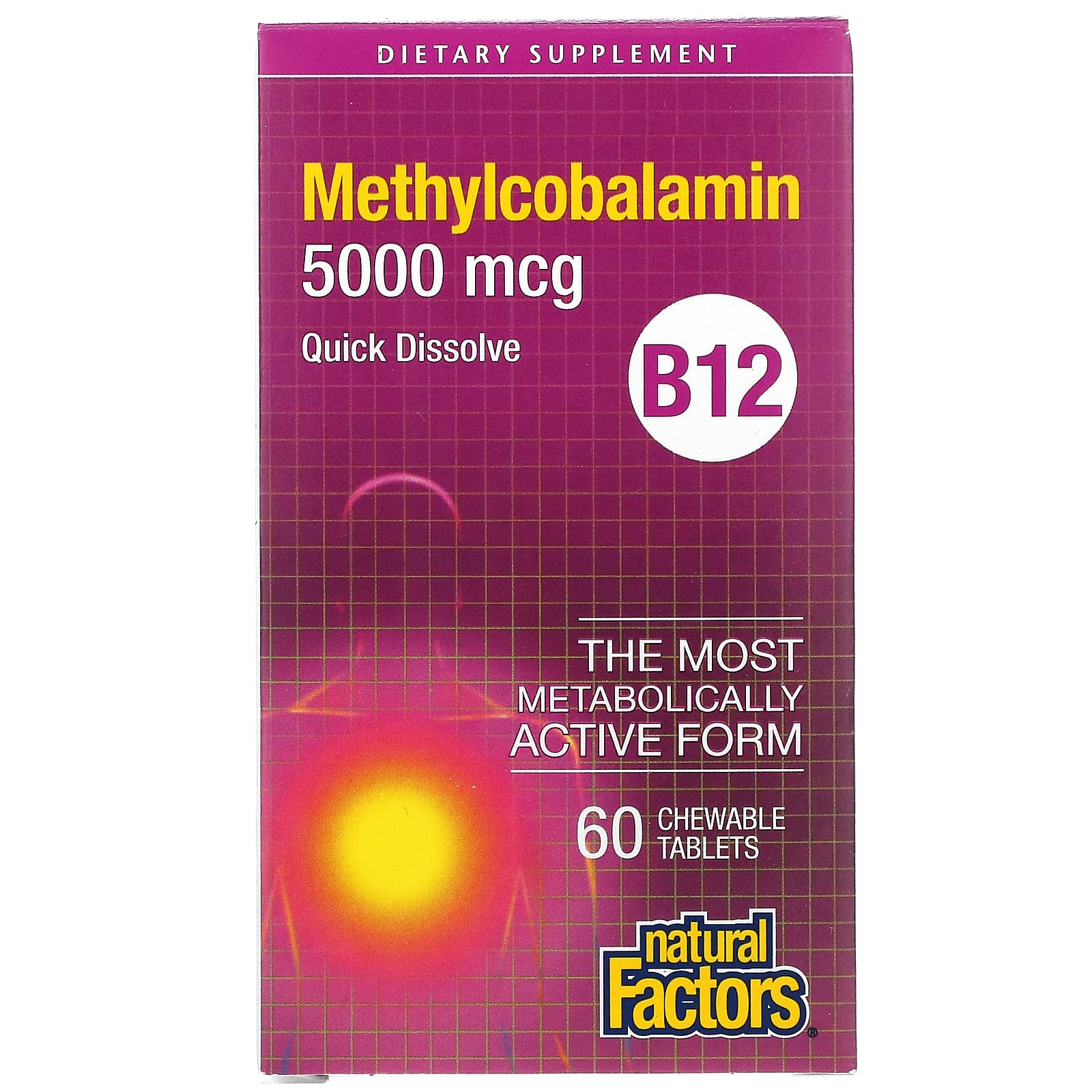 Natural Factors, B12, Methylcobalamin, 5,000 mcg, 60 Chewables UPC 068958012476 | Hilife Vitamins